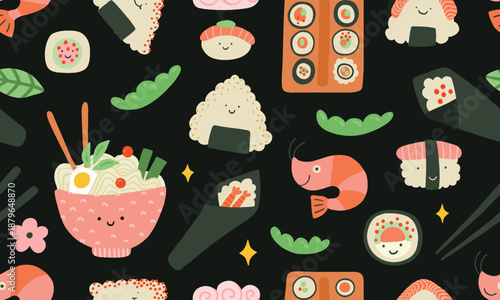 Seamless pattern with ramen noodle and sushi. Asian Japanese menu. Japan wok, onigiri, edamame, sushi, nigiri, shrimp, temaki, sticks. Black backround. Wrapping paper, background, wallpaper, print.