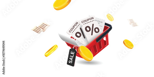Coupon up to 50% off black rips floating in air with coin. all on white background.gift voucher 50% discount on shopping.summer offer ends weekend holiday.Big sale and super sale coupon code discount