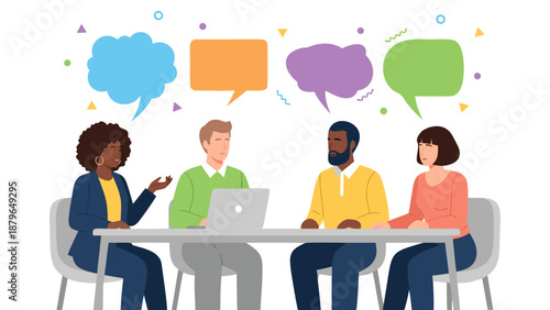 Diverse team collaborating and communicating ideas in a meeting, vector illustration