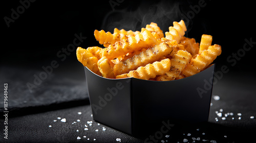Steaming crinkle cut fries in black container with salt © utaem2022