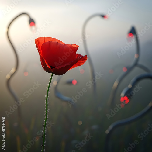 Vibrant red poppy flower standing tall in a surreal landscape