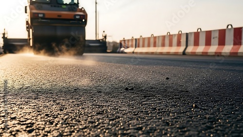 Close-Up of New Asphalt Road Construction | Smooth Pavement with Road Roller.