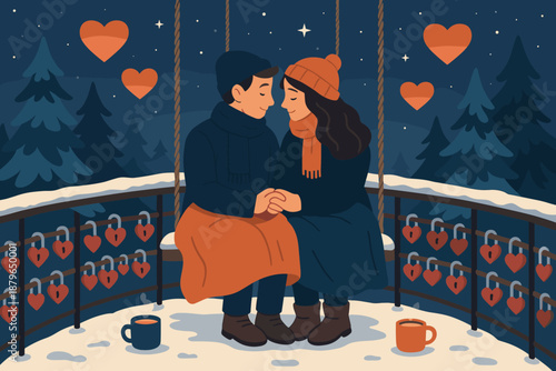 Sitting bridge romantic starry hands above illustration vector love pine cocoa night