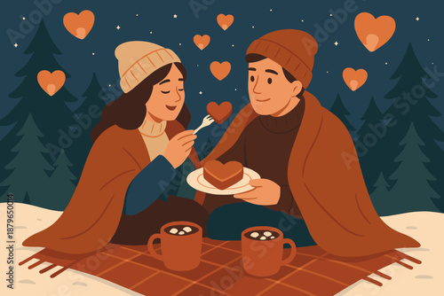 Illustration pine outdoors romantic starry vector over draped cozy winter nearby