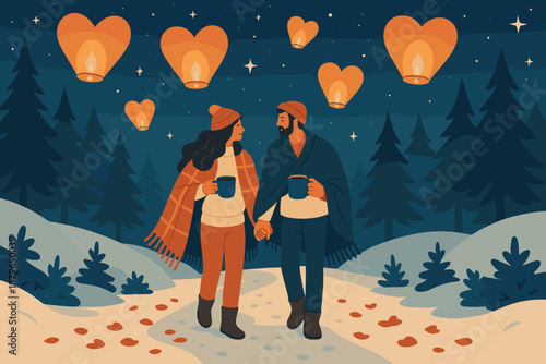 Heart path winter draped romantic scattered vector sky trees petals lantern illustration