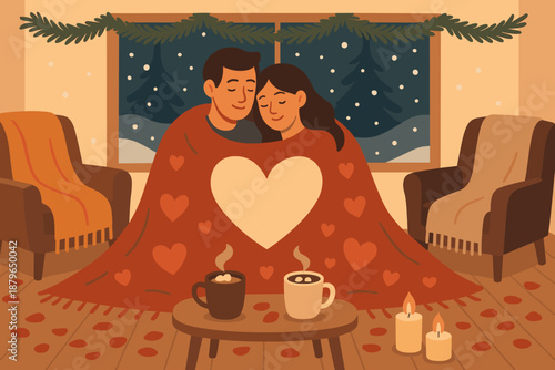 Snow softly draped mugs falling small vector together romance cozy winter illustration