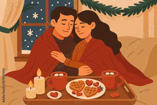 Warm softly over cocoa winter decorating couple exchanging romantic breakfast illustration vector