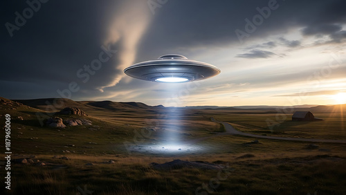 Mysterious UFO lands in rural landscape at sunset suddenly