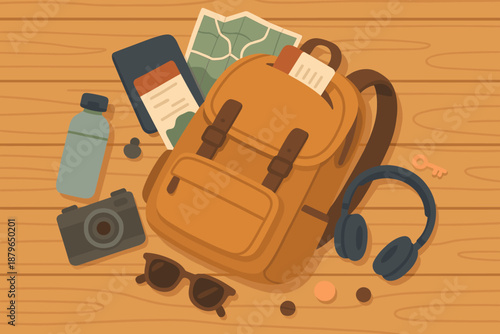 Wooden map illustration travel out illustrated filled passport vector bottle spilling essentials