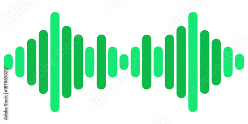 Green waveform audio signal representation. "Title:" before it. White audio waveform on a solid green background with gradual frequency reduction.