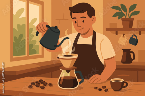 Grounds over illustration barista into small water filtering ritual rising vector coffee