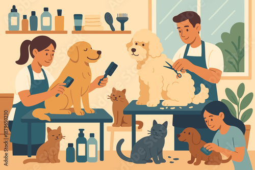 Including like vector arranged brushing groomers pet grooming scene trimming illustration salon