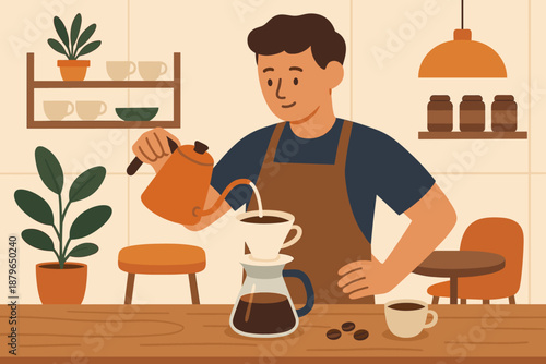 Vector illustration modern hot artistry coffee collecting interior over brewing water cup