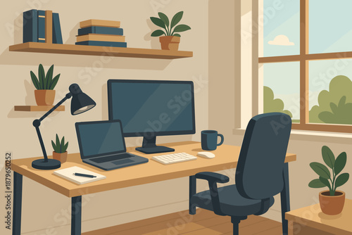 Cozy office lamp vector books modern mug illustration ergonomic sunlight shelves home