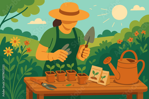 Outdoor plants potted illustration tools vector holding flowers shears watering garden