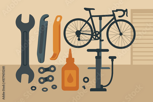 Vector links garage bike including repair bicycle chain illustration essentials stand composition