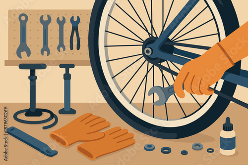 Being chain illustration adjusted bicycle parts workbench tools vector wheel adjustment organized