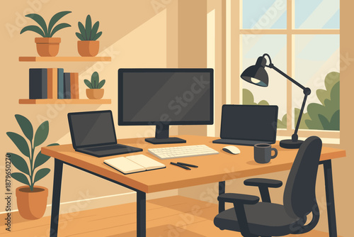 Office illustration home pens shelves organized modern mouse lamp cup workspace vector
