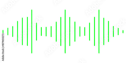 Green waveform audio signal representation. "Title:" before it. White audio waveform on a solid green background with gradual frequency reduction.