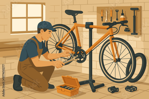 Workshop repair bright including illustration garage vector bicycle tools light chain spare