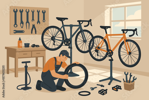 Mechanic repair window spare bicycle nearby tools organized garage through vector pumps