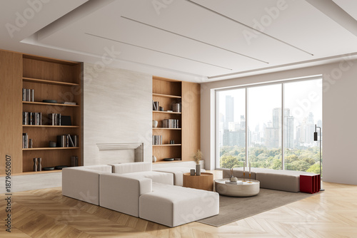 Quadro su tela Modern minimalist living room interior with beige modular sofa, built-in shelves, and panoramic city view through large window on bright background