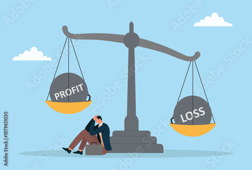 Vector illustration of a worried businessman sitting under a balance scale weighing profit and loss symbolizing financial stress business risk decision making and economic uncertainty

