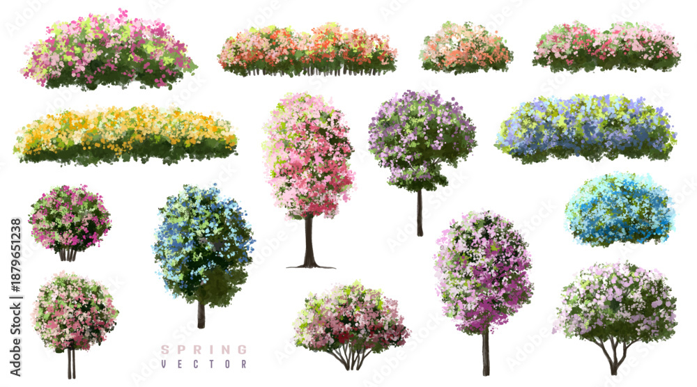 Obraz premium Vertor set of spring blossom tree,blooming plants side view for landscape elevation and section,eco environment concept design,watercolor meadows illustration,colorful season