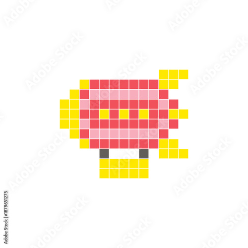 A flat pixel design made of geometric square color blocks on a clean icon layout. Pixel art zeppelin