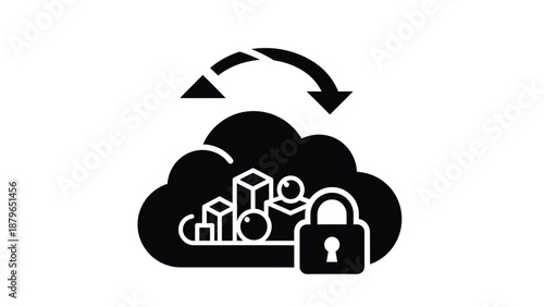 Secure cloud data synchronization and transfer concept represented by a protective padlock and exchange arrows above digital assets