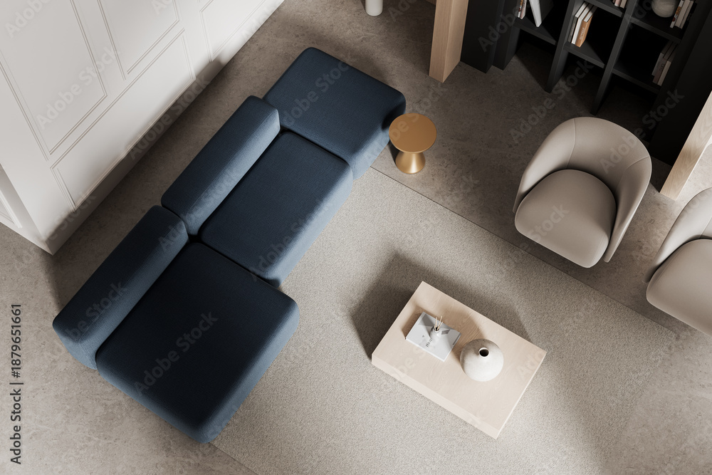 Fototapeta premium Top view of modern interior living room with navy sofa, beige armchairs, and minimalist decor on neutral background for design concept visuals. 3D Rendering