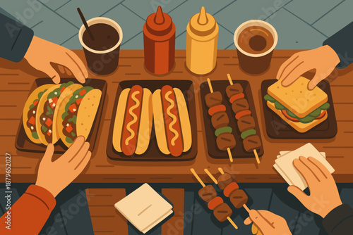 Top illustration reaching view vector condiments food skewers vibrant drinks stall