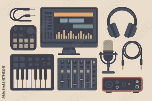 Vector console studio mixing creative microphone screen flat arranged music including setup