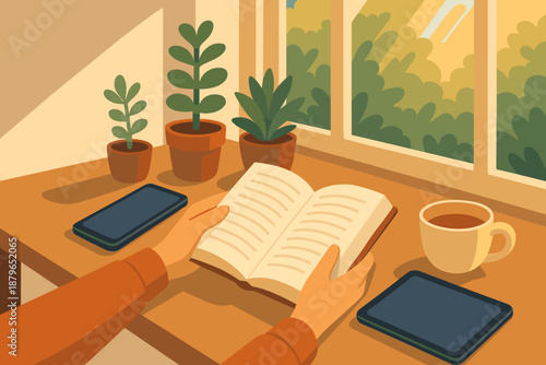 Window cup detox vector streaming indoor illustration plants potted tea retreat hands