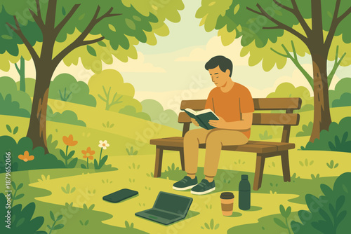 Grassy atmosphere vector filtering lie laptop outdoor serene digital illustration detox person