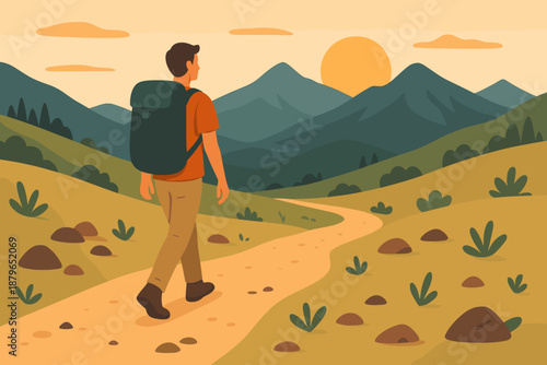 Hiking distant calm digital hike atmosphere path detox vector illustration behind small