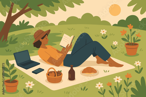 Atmosphere resting digital set peaceful reading vector aside detox illustration book sunlight