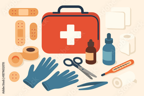 Flat arranged abstract including bottles aid illustration adhesive surface vector first