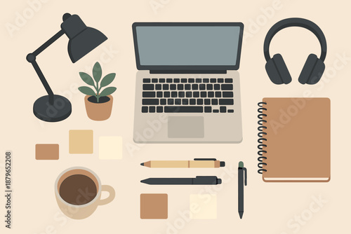 Workspace notebook minimalist plant essentials office vector illustration coffee desk tidy concept