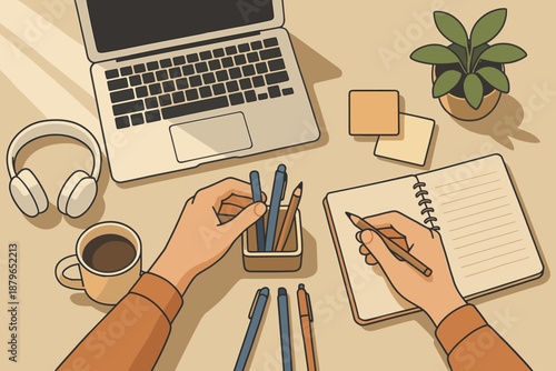 Arranging organization illustration headphones workspace sunlight shadows soft notebook vector coffee tidy