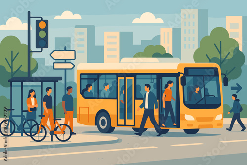 Daylight transit signs vector busy bus illustration bright urban boarding buildings