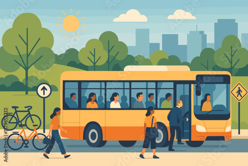 Scene nearby stop vector sunny background city urban street bus illustration bicycles