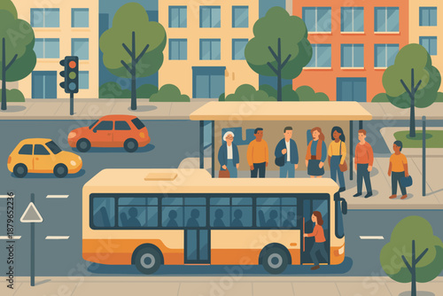 Waiting bright buildings boarding vector commute daylight street illustration urban traffic scene