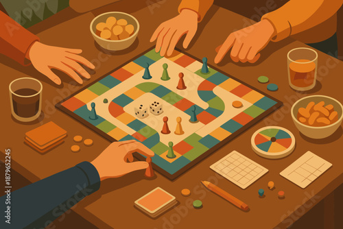 Drinks board laid game night cards vector spinner moves reaching illustration warm