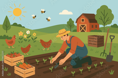 Rows scene planting vector nearby wooden farming organic wandering crates harvested compost