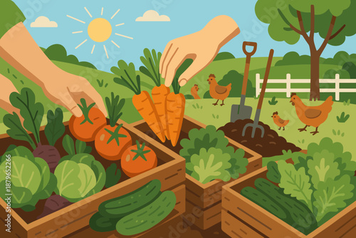 Carrots chickens garden farming hands illustration vector organic vegetables bright visible background