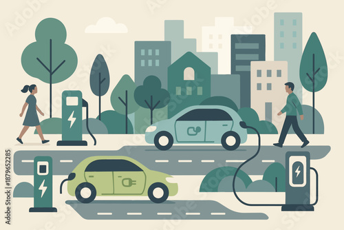 Electric illustration city trees stations mobility pedestrians cars streets scene sustainable vector