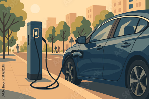 Street background car side vector charging reflecting electric illustration polished surface signs