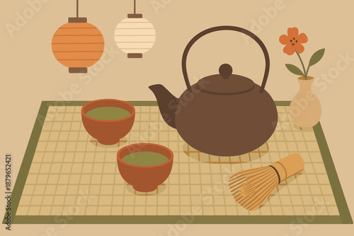 Japanese mat elements concept abstract illustration paper tea ceremony whisk vector layout