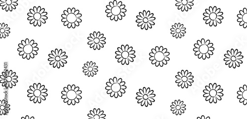 Simple Flowers Pattern, Seamless Daisy Pattern, Monochrome, Hand Drawn Flowers, Retro, Minimal Design, Vector